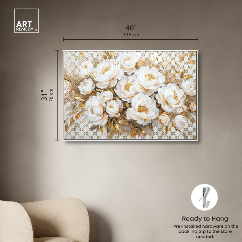 Art floral sur toile avec arrangement royal doré, Cadre blanc, H 37 po x l 55 po
