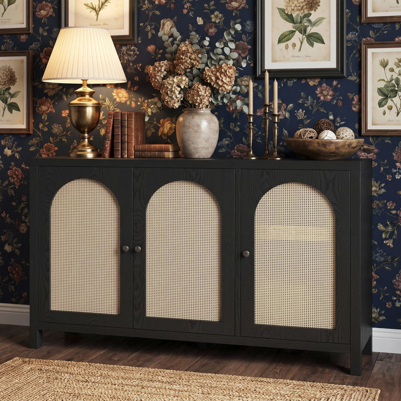 50" L Boho Natural Rattan Sideboard Buffet Cabinet With Large Storage, Home Kitchen Oak Wood Veneer 3-Door Credenza Coffee Bar Cabinets With Adjustable Shelves