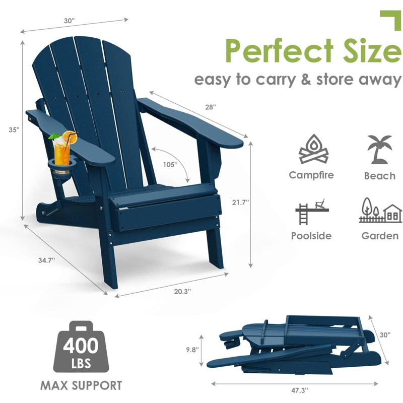 Folding Adirondack Chairs Set Of 4 All Weather Firepit Chair Cup Holder Aqua For Campfire Deck Backyard Patio Outdoor Poolside Lawn
