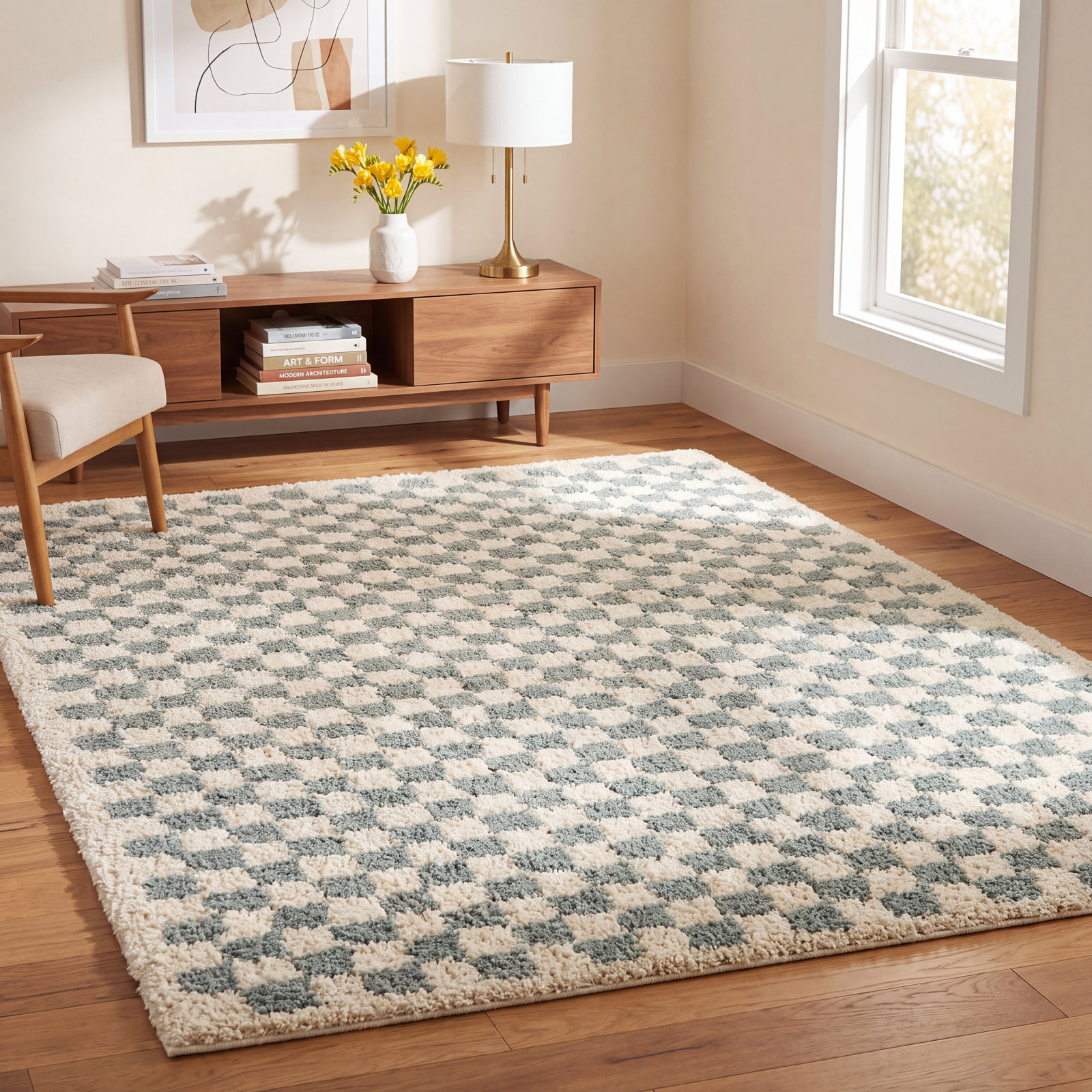Walker Sage Cream Checkered Shag Rug, Rectangle 5'3" x 7'