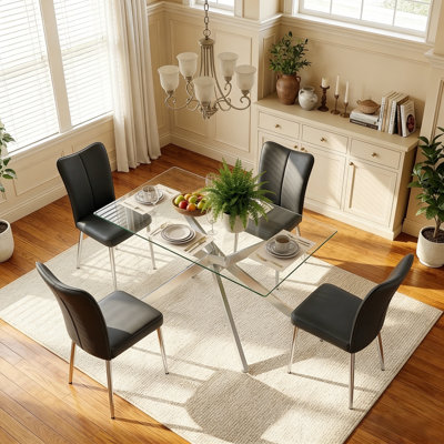 Ensemble de table de salle à manger 51 "en verre pour 4 personnes, table en verre trempé de 8 mm avec pieds en métal et chaises en cuir de polyuréthane, conception ergonomique pour la salle à manger, appartement, maison, argent, noir