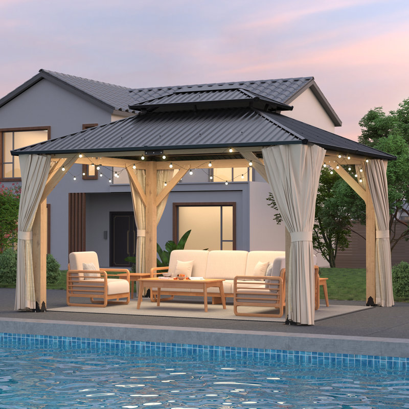 Solid Wood Patio Gazebo With Privacy Curtains And Netting, Patio Cedar Wood Gazebo Galvanized Steel Hardtop Heavy Duty Frame For Garden, Lawn, Poolside, Backyard Deck