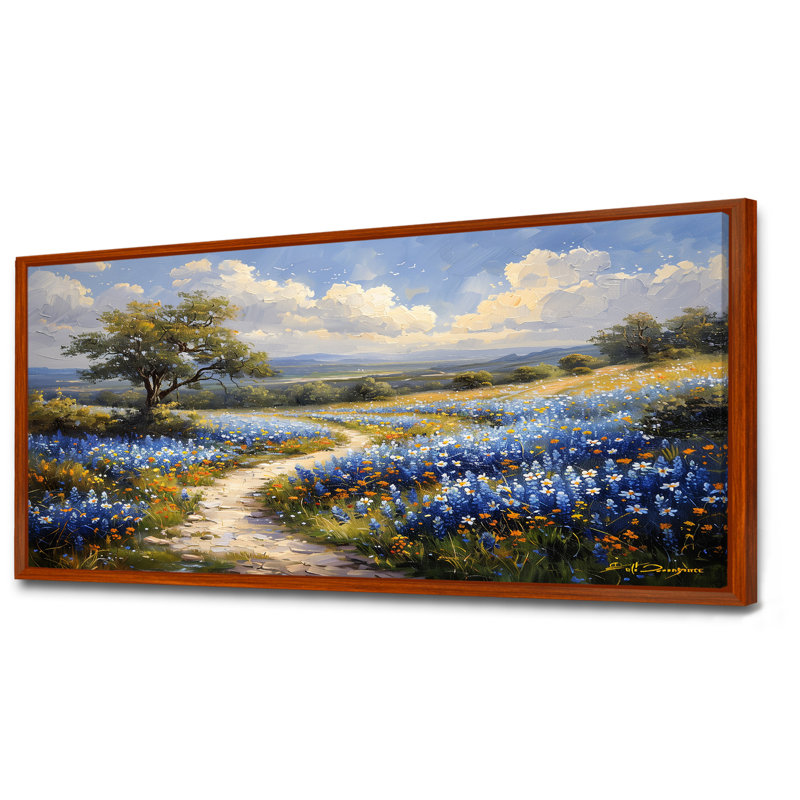 «Blue Green Summer Meadow Charm Blue Bonnets III - Blue Bonnets», reproduction d'art, Toile avec cadre flottant brun