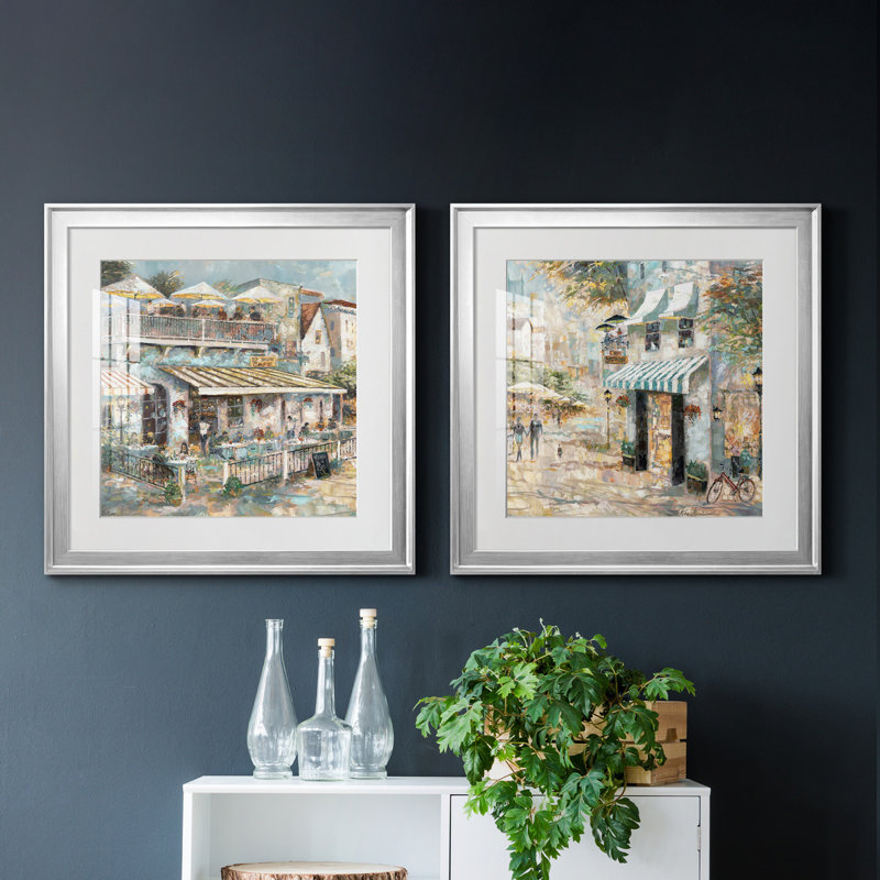 «Rooftop Cafe Détail I», ensemble de 2 reproductions d'art, Blanc, H 17,5 po x l 35 po x P 1,5 po, Papier avec cadre argenté