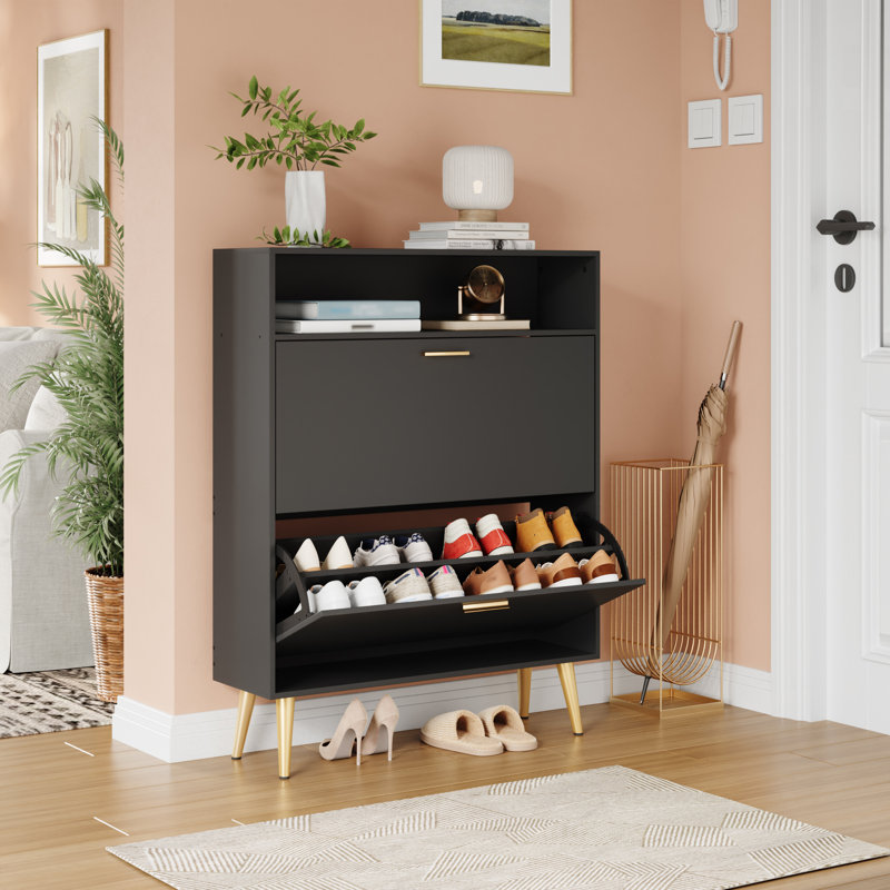 Armoire de rangement pour chaussures moderne 12 paires avec portes, tablettes réglables, Noir