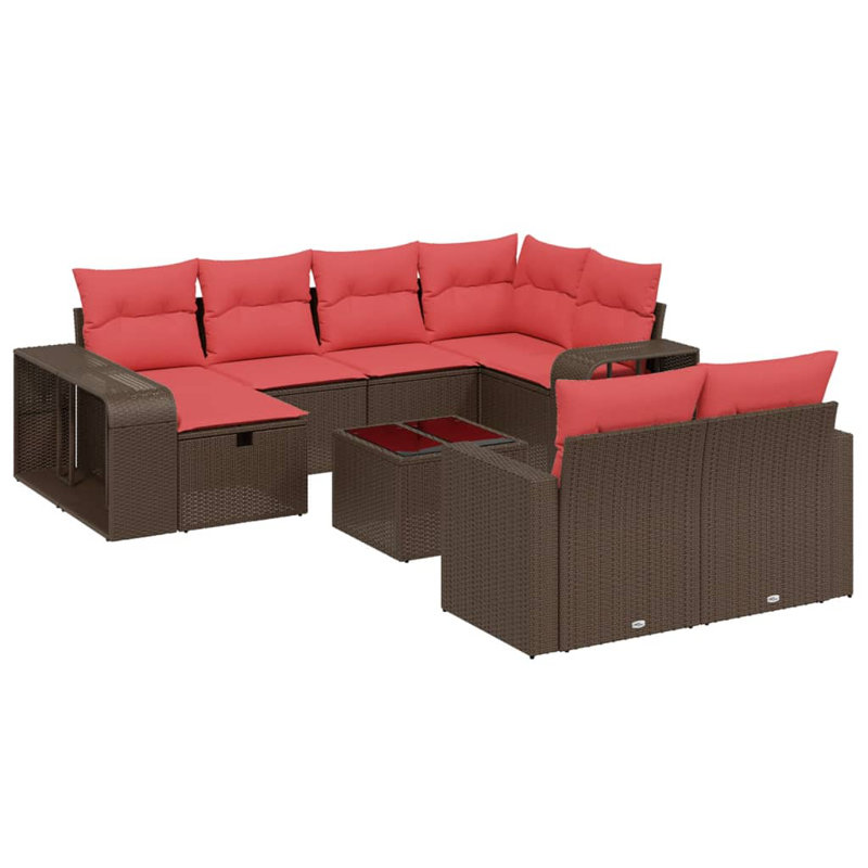 Ensemble de canapé de patio 10 pièces avec coussins en polyester noir Latitude Run®, Coussin rouge / cadre brun