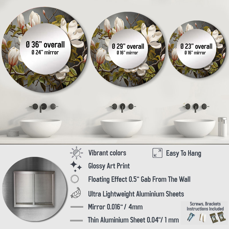 Javontae blanc vert Magnolias Magnolia Serenity - grand miroir Magnolias, décor de miroir mural rond unique traditionnel, impression sur métal