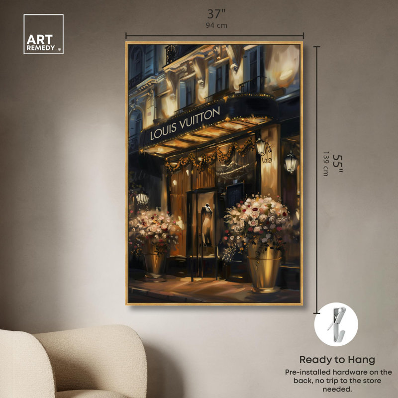«Elegant Night Storefront» par Art Remedy, Reproduction encadrée sans passe-partout, H 55 po x l 37 po, Doré