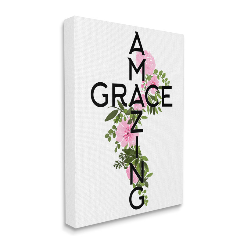 «Amazing Grace Pink Floral Cross Shape Botanicals», art textuel sur panneau de fibres à densité moyenne, Toile tendue