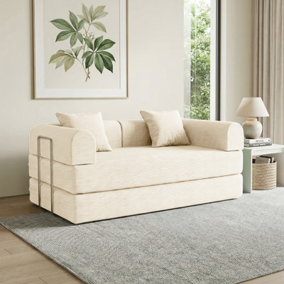Canapé-lit 59 po 4-en-1 sans os 59 po, causeuse modulaire rembourrée avec 2 coussins, livraison en rouleau compressé, aucun assemblage requis, canapé-lit en éponge pure pour le salon, beige