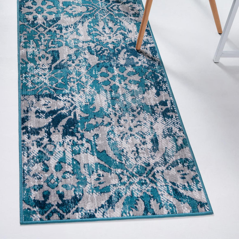  Tapis floral bleu, Tapis de couloir 2 pi 7 po x 10 pi