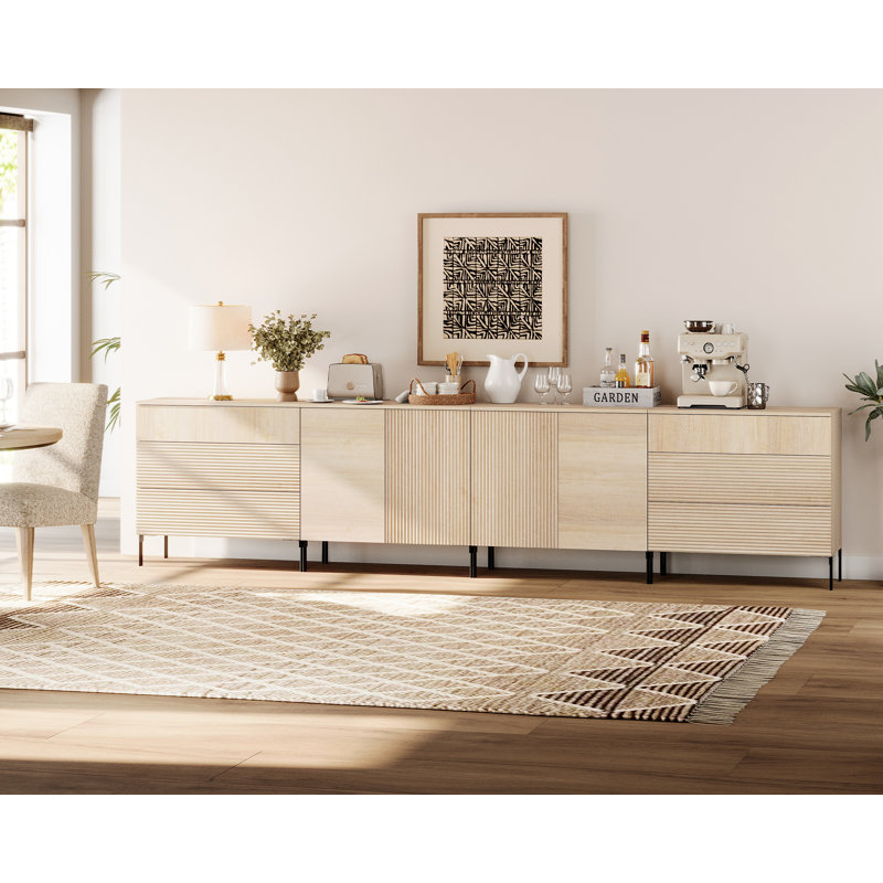 126" Modern Reeded 4-Door Sideboard With Drawers, 4-In-1 Wooden Credenza Storage Cabinet For Kitchen, Dining Room, Beige