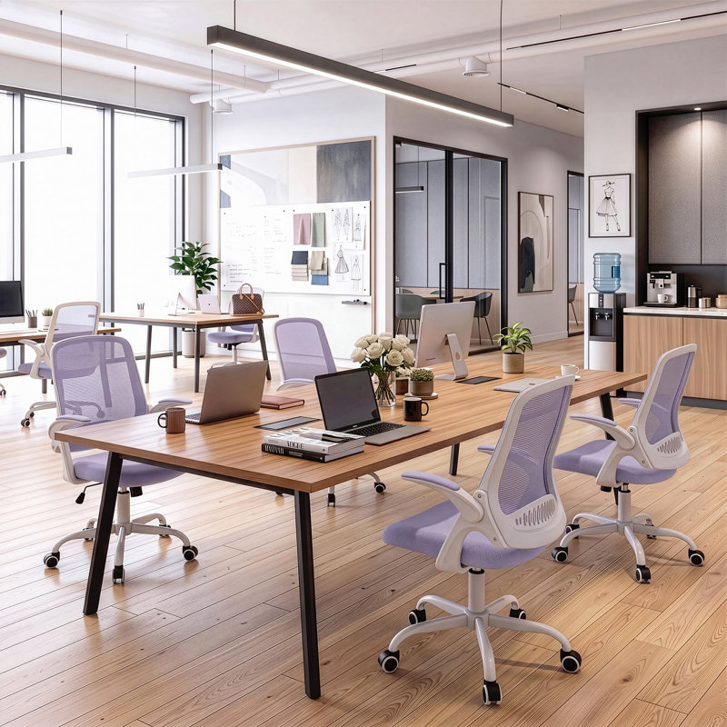 Chaise de bureau ergonomique compacte avec accoudoirs rabattables Nahjee, Mauve, Acier