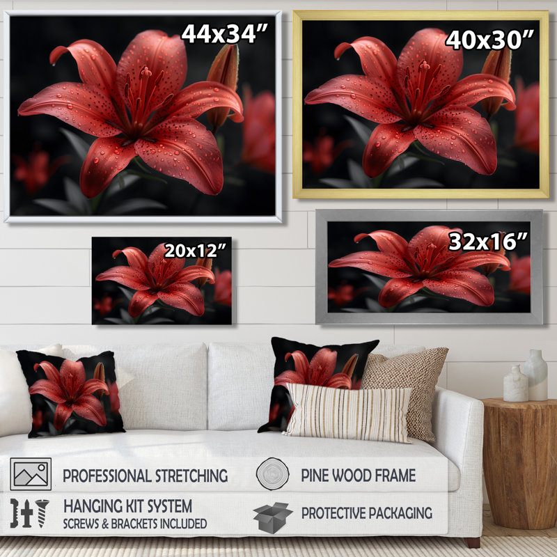 Photo moderne de lys rouges et noirs - art mural lys, H 12 po x l 20 po, Toile tendue