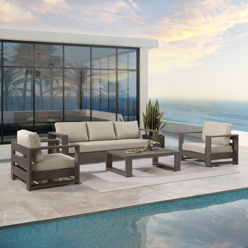 Hoyt Outdoor Aluminum 4-Piece Conversation Set with Coffee Table, Bronze/Khaki