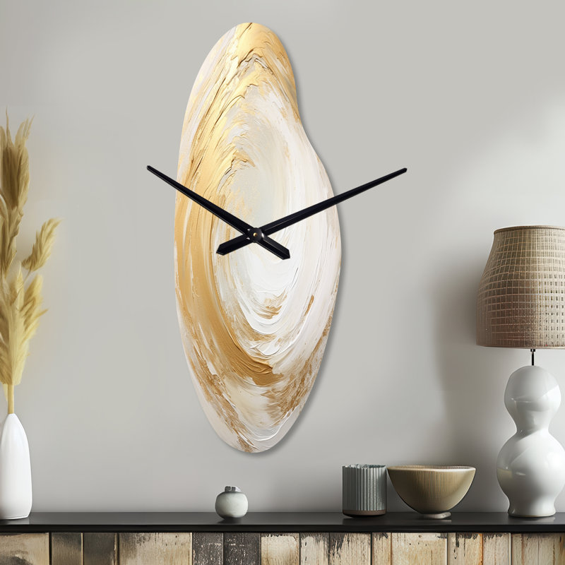 Horloge murale incurvée en forme de spirale abstraite en forme de Vortex I doré et blanc, Médium