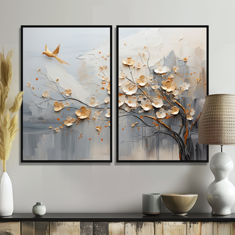 Impression sur toile moderne beige, Japon et arbre doré du Japon, H 36 po x l 48 po, Impression encadrée flottante, Noir