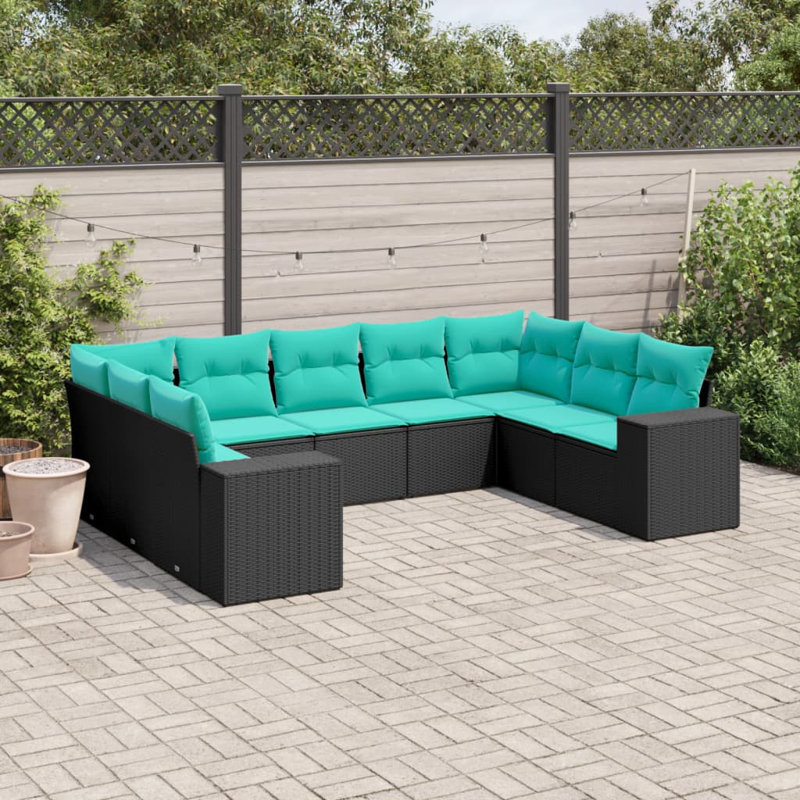  Ensemble de canapé de patio 9 pièces avec coussins en rotin de polyester noir