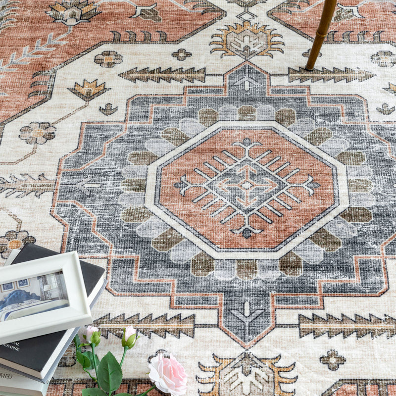 Janna Oriental Medallion Design Performance Machine Washable Area Rug Orange/Ivory/Pink, Rectangle 3'6'' × 5'6''