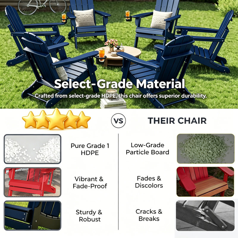 (Set of 6) Hdpe Folding Outdoor Adirondack Chair With Cup Holder , Blue