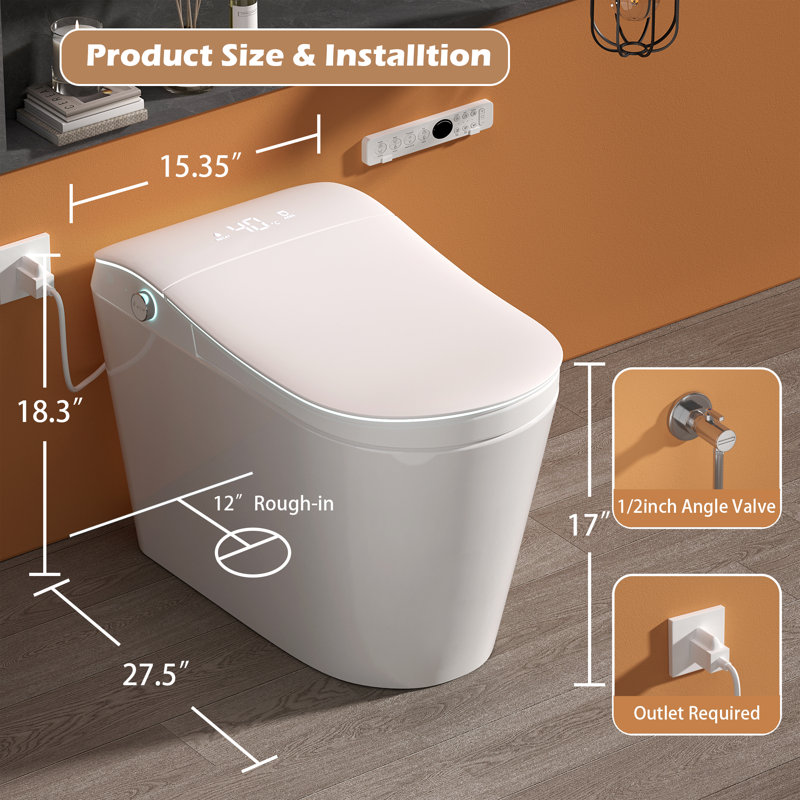 Toilette bidet intelligente sans réservoir avec ouverture / fermeture automatique et chasse automatique, économiseur d'eau 1,28 GPF, siège chauffant, eau chaude instantanée, sécheuse à air chaud, hauteur confort ADA, affichage à DEL et veilleuse