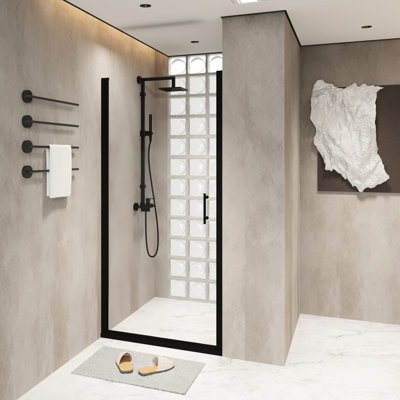 28x72 Pivot Shower Door Featuring Black Aluminum Half Frame, 6mm Transparent Tempered Glass, Film, Raised Water - Blocking Strip, Shock Packaged For Safe Delivery Thick Glass With Matte Proof