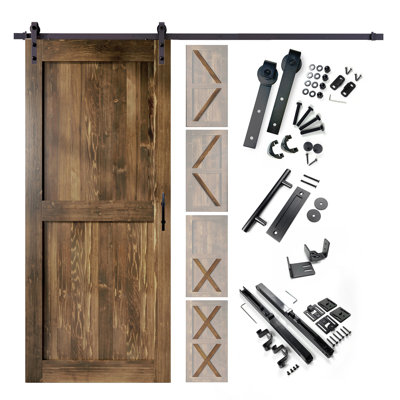 5-in-1 Design 80" Color Solid Pine Unassembled Door with Black Rustic Installation Hardware Kit