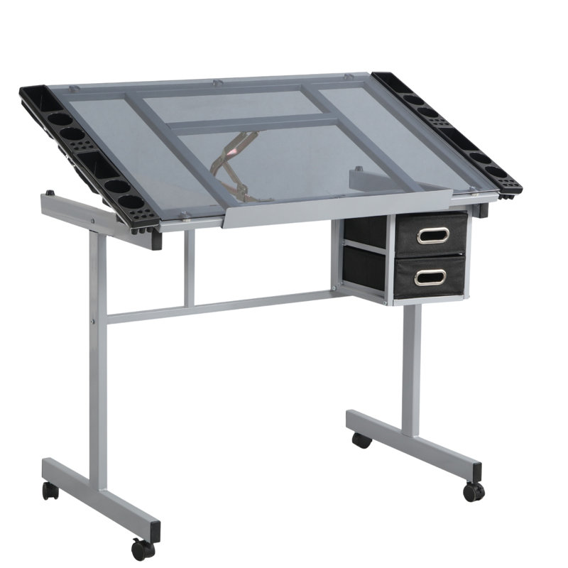 Bureau de dessin d'art réglable - poste de dessinateur, 2 tiroirs en tissu, 4 roulettes, noir, bureau à domicile et studio
