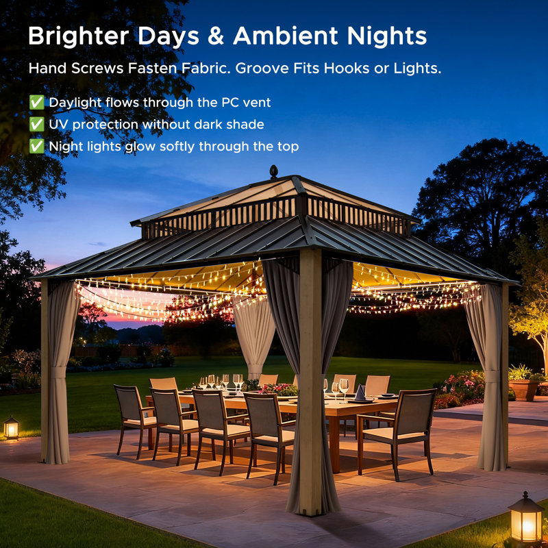SUNJOY Kingston 14x12 Gazebo, Steel & PC Roof Hardtop Gazebo with Curtain and Netting - Cedar Posts, 14x12