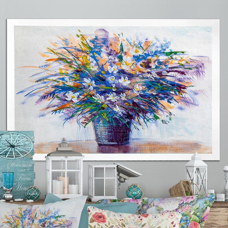 «Multi and Blue Flower Vase», reproduction sur toile flottante, H 8 po x l 12 po x P 1 po, Cadre photo blanc