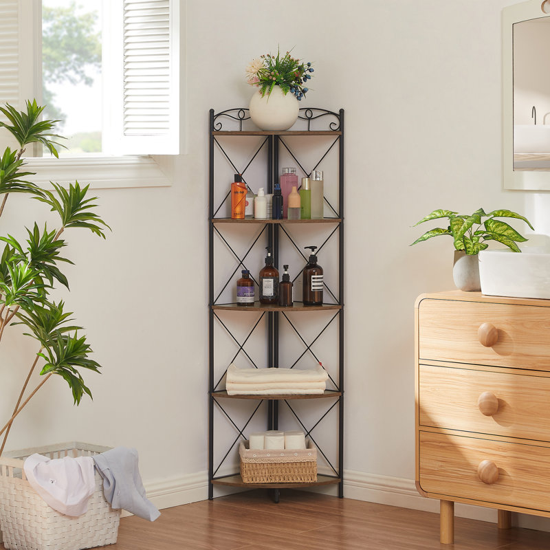 Étagère d'angle à 5 niveaux avec tablettes, bibliothèque de coin peu encombrante, étagère de rangement rustique industrielle pour le salon, la cuisine, le bureau à domicile et les petits espaces