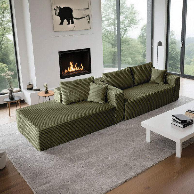 Boneless Modular Corduroy L-Shaped Sectional Sofa with Minimalist Design, Green Corduroy