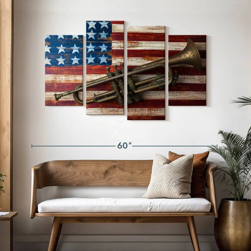 Borges Trumpet On American Flag, 32" H x 52" W