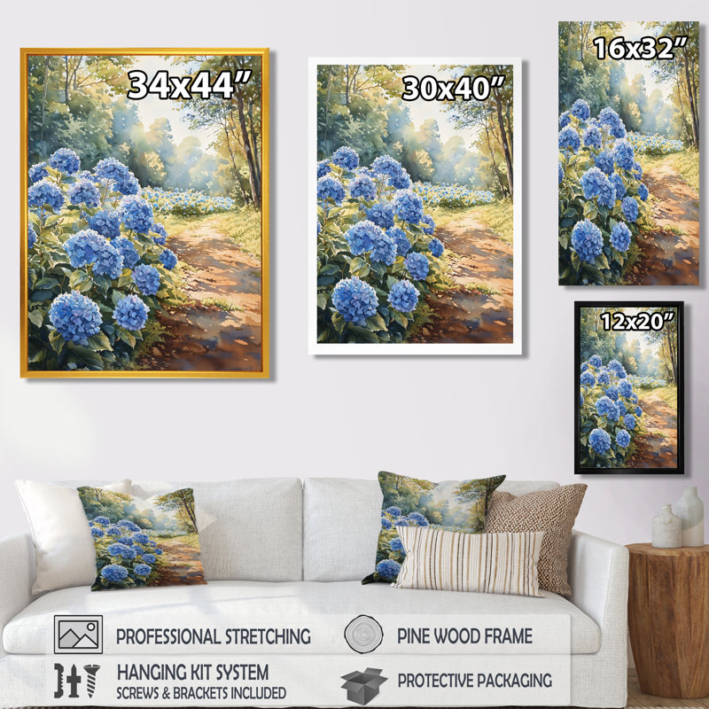 Hydrangeas in the Orchard Field - Hydrangea, reproduction d'art sur toile encadrée, Impression encadrée flottante, Blanc