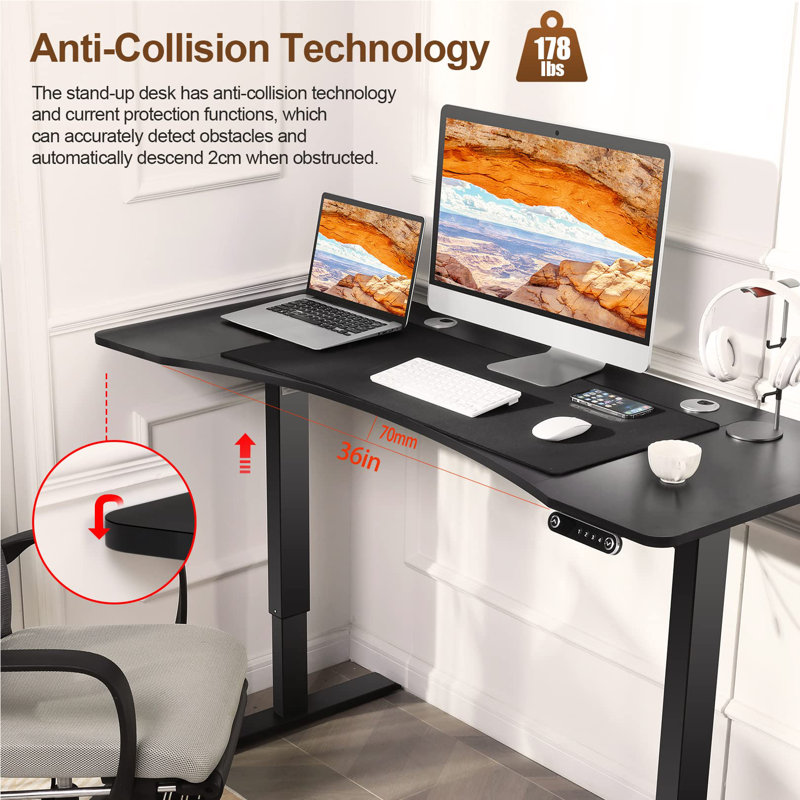 Kriaris Height Adjustable Gaming Standing Desk with Built in Outlets, Black