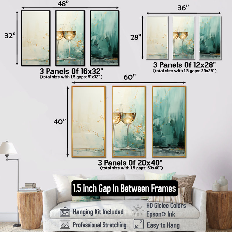 Verre émeraude champagne doré - Art mural champagne, Cadre flottant doré, H 40 po x l 61 po