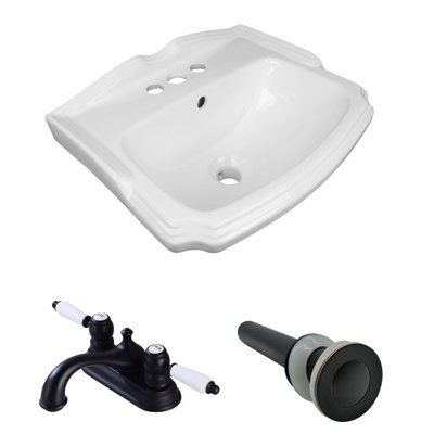 Lavabo de salle de bain mural blanc rectangulaire en porcelaine vitreuse avec robinet et trop-plein