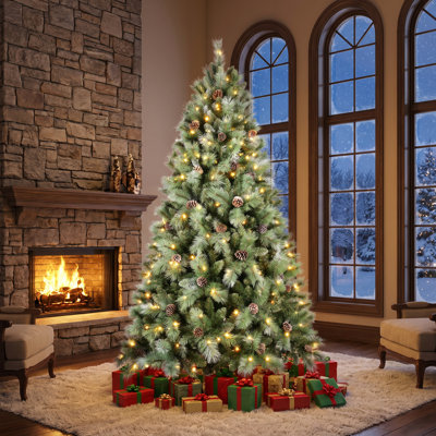 Sapin de Noël artificiel de 2,74 m (9 pi) préilluminé avec 700 lumières DEL blanc chaud, 2518 aiguilles en PVC et rigides, 122 pommes de pin, branches articulées et support en métal
