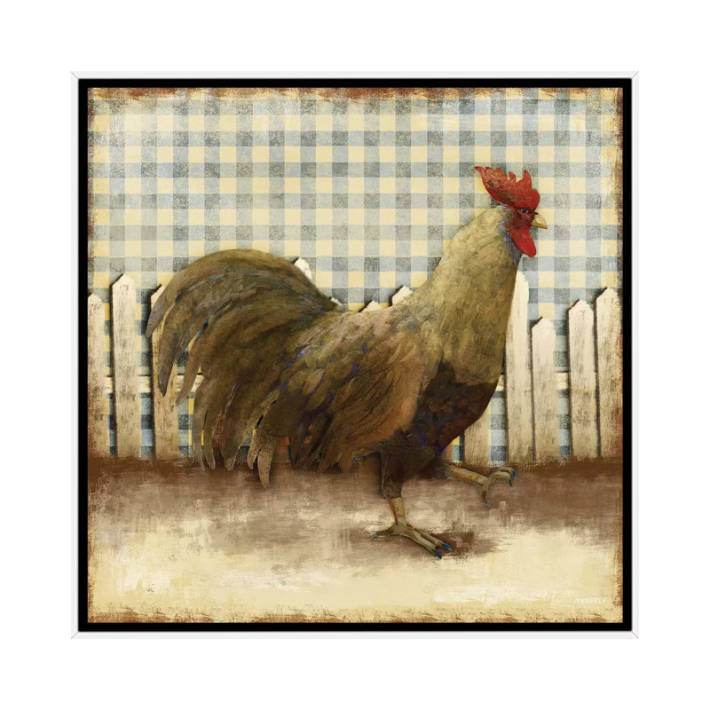 Rooster On Damask I by Dan Meneely - Painting, White Framed Canvas, No Matte, 26'' H x 26'' W x 1.5'' D
