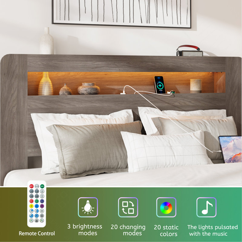 King Size Solid Wood Platform Bed,Bed Frame With Storage LED Light Headboard And 2 USB, King, Dark Gray