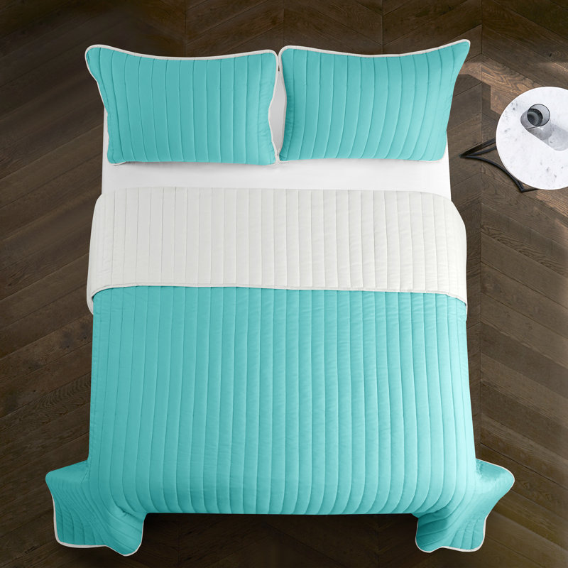 Rita Modern & Contemporary Striped Coverlet, King Quilt + 2 Standard Shams, Aqua