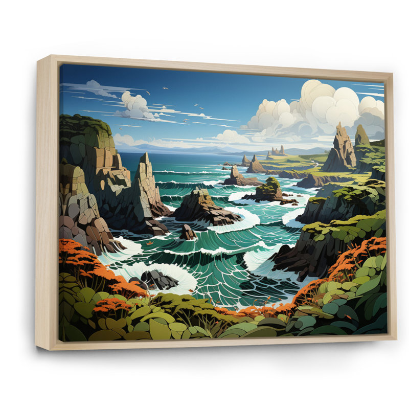 Coastal Rocky Coastline Papercut - Reproductions d'art mural paysages, H 16 po x l 32 po x P 1 po, Cadre flottant brun