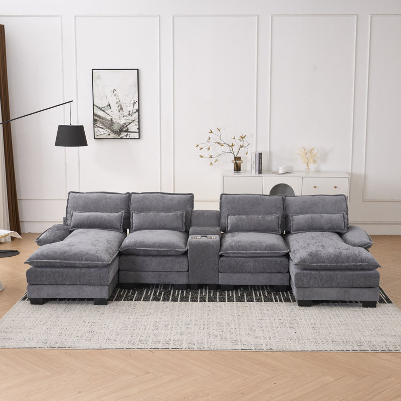 Siège en U de 123 x 55 po à 6 places avec méridienne double, console et ports pour l'intérieur, canapé-lit en chenille gris, accoudoirs en mousse à haute densité avec console, porte-gobelets, support lombaire avec cadre