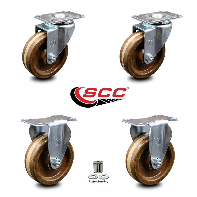 4 Inch High Temp Phenolic Wheel Swivel Top Plate Caster Set with 2 Rigid SCC