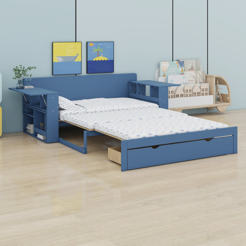 Lit de jour avec bureau amovible, tiroirs de rangement et table d'appoint hydraulique, Bleu, Double