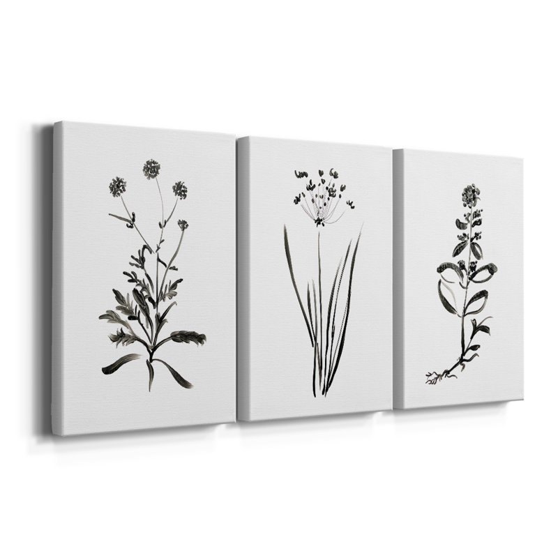 Inky Botanical I - Toile tendue avec châssis sur mesure - 3 pièces, H 12 po x l 24 po