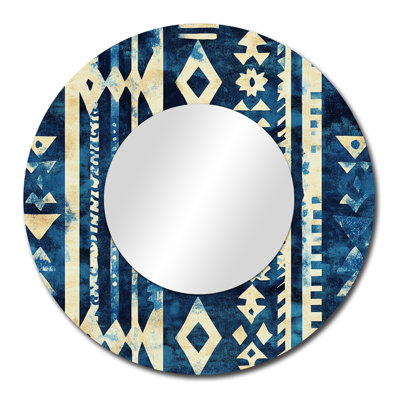 Indigo Tribal Pattern – Boho Round Wall Mirror, Metal Print