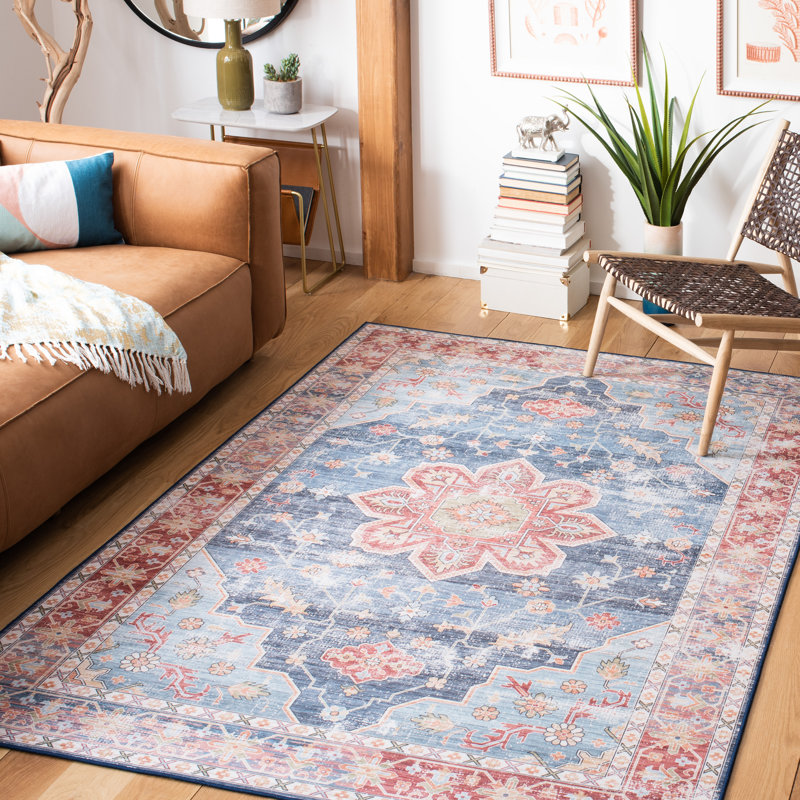 Deblois Oriental Blue/Rust Area Rug, Rectangle 5' x 8'