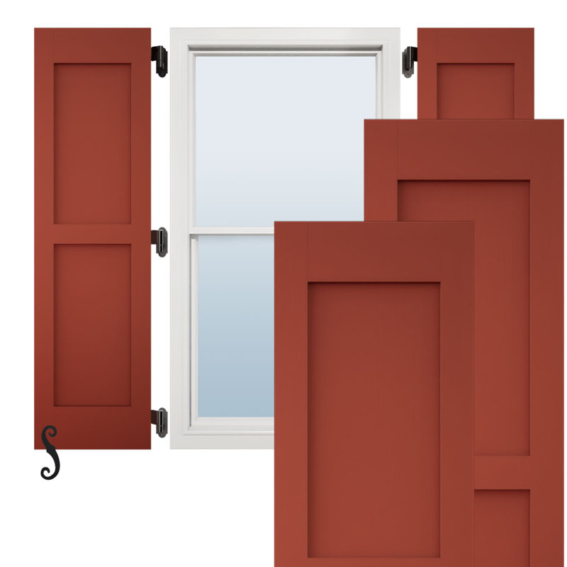 Volets extérieurs Americraft à deux panneaux plats égaux en bois véritable (par paire), avec capuchons de volets en aluminium, rouge poivre, 45,7 cm (L) x 205,7 cm (H)