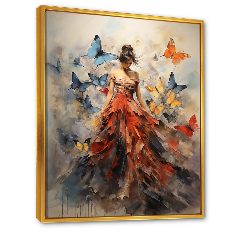 Papillon et femme dansant I - art mural papillon, H 44 po x l 34 po, Reproduction avec cadre flottant, Doré